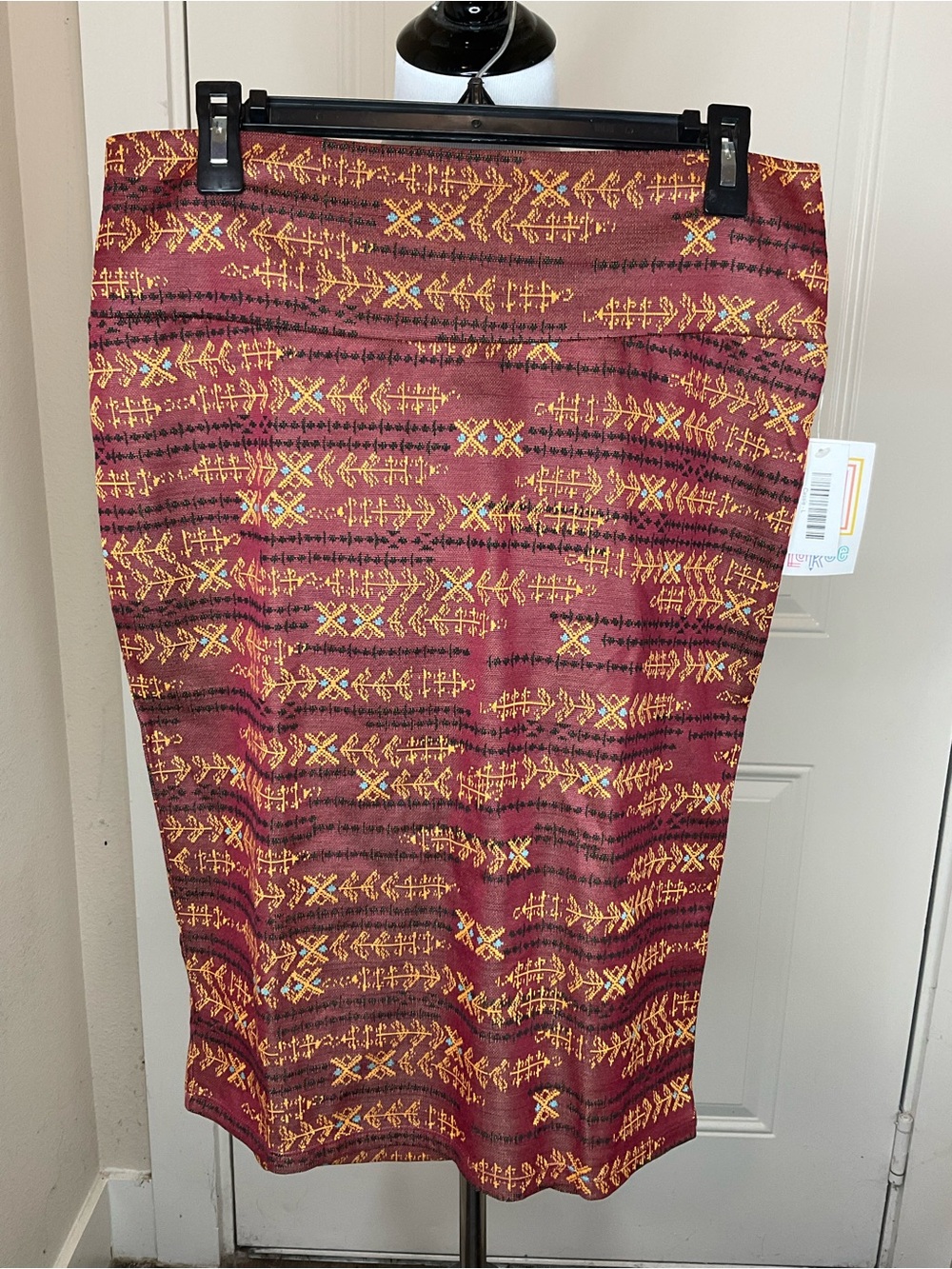 LuLaRoe Cassie Pencil Skirt in Brown with Mustard, Teal and Black Tribal Print L